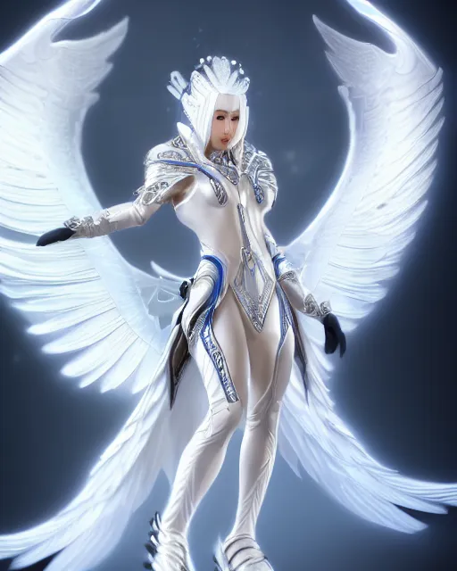 Image similar to perfect white haired egyptian goddess wearing white dove wings, warframe armor, regal, attractive, ornate, sultry, beautiful, ice queen, half asian, pretty face, blue eyes, detailed, scifi platform, 4 k, ultra realistic, volumetric lighting, illuminated, cinematic, masterpiece, art by akihito tsukushi, voidstar