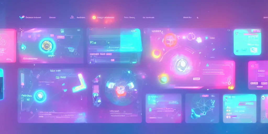 Prompt: futuristic game UI , pastel bright color, blue and pink, cute icons, elite dangerous interface, HUD