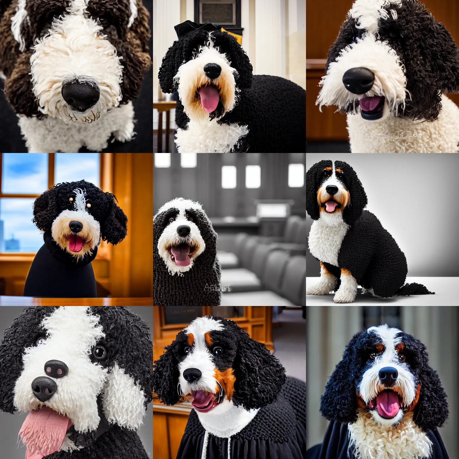 Image similar to a closeup photorealistic photograph of a smiling knitted bernedoodle judge dog dressed in a black gown, presiding over the courthouse. indoors, professional capture, well lit shot. this 4 k hd image is trending on artstation, featured on behance, well - rendered, extra crisp, features intricate detail, epic composition and the style of unreal engine.