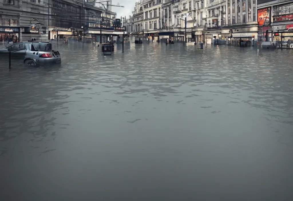 Image similar to kodak portra 4 0 0 photographic and realistic, oxford circus, detailed, octane render, unreal engine, 4 k, artstation, hyper realistic, wide angle, floor flooded, how a river, objects that float, 3 5 mm, sharp focus, soft light, volumetric light fog, in the style of gregory crewdson