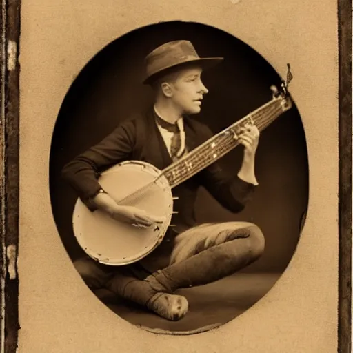 Image similar to A sepia-toned wet plate photograph, of a fox playing banjo, circa 1912, fox playing a banjo