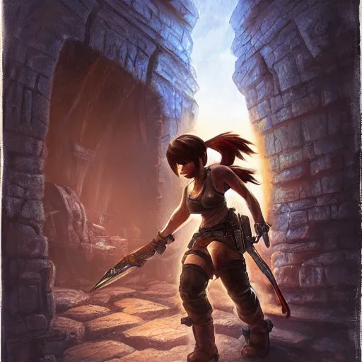 Image similar to concept art of chibi Lara Croft exploring a dark dungeon, Justin Gerard