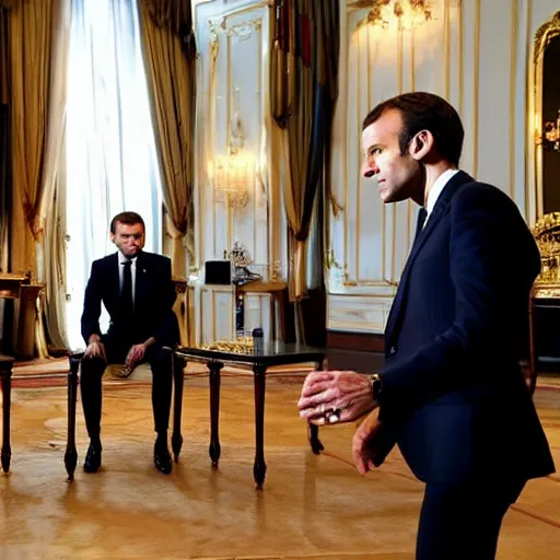 Image similar to Emmanuel Macron having a meeting with antropomorphic reptiles, antropomorphic reptiles, dramatic lighting, photography, masterpiece