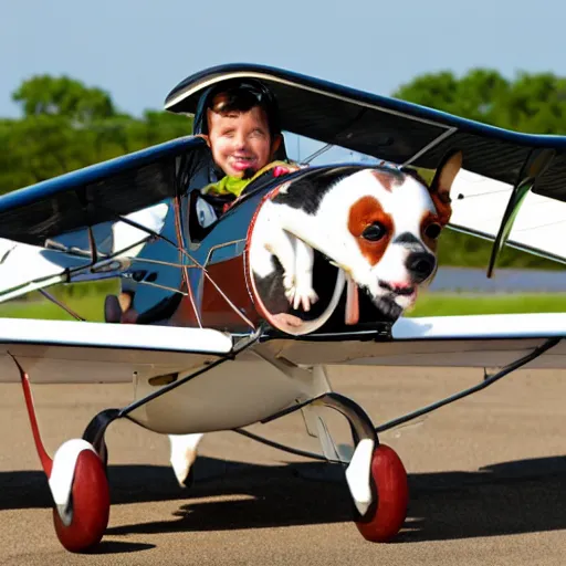 Image similar to biplane flying, piloted by 3 dogs, toy fox terrier breed, dog pilots, black and white spots, panting