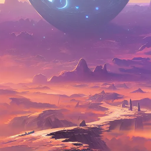 Image similar to the remains of a deserted planet. seen from space, glimmering stars, satellite view. clean sharp digital art, environment concept art, by rossdraws, ghibli, breath of the wild, greg rutkowski