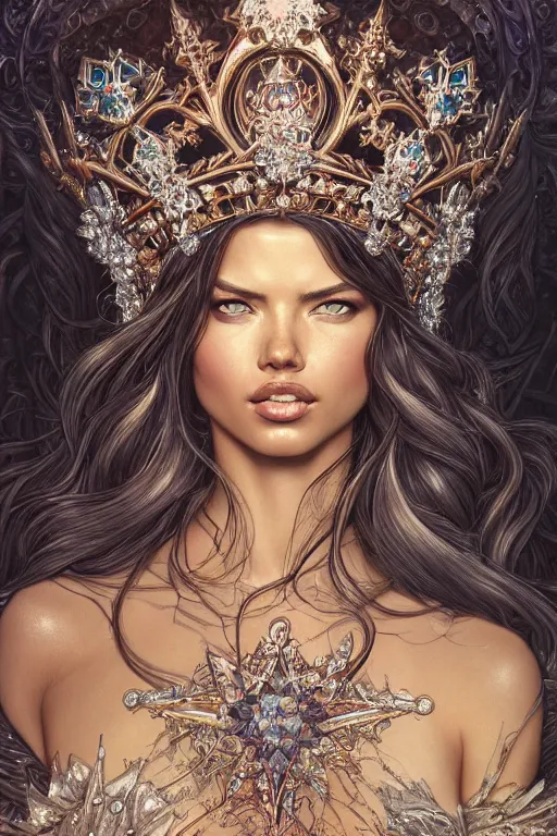 Image similar to photography of adriana lima, ornament crown, organic crystals, frost, deep focus, d & d, fantasy, intricate, elegant, highly detailed, digital painting, artstation, concept art, matte, sharp focus, illustration, hearthstone, art by artgerm and greg rutkowski and alphonse mucha