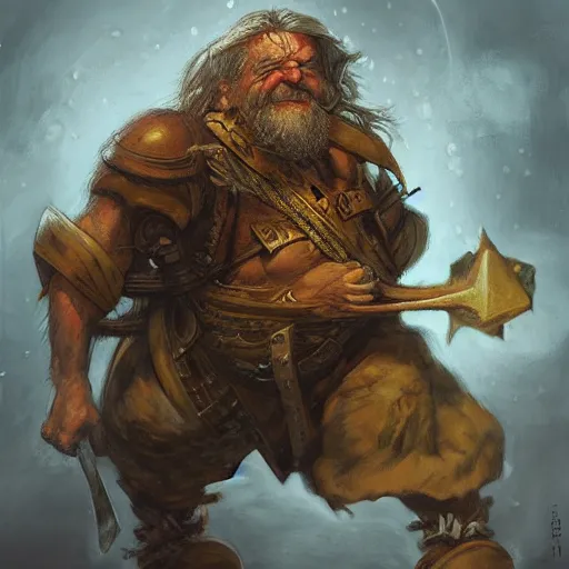 Image similar to “dnd dwarf, dragging big sack, by paul bonner”