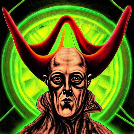 Image similar to graphic illustration, creative design, aleister crowley with baphomet, biopunk, francis bacon, highly detailed, hunter s thompson, concept art, mixed media