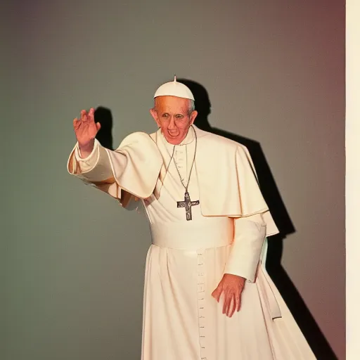 Prompt: A funky 1960s portrait of pope Benedict dancing, ELLE magazine, studio lighting, Velvia 100