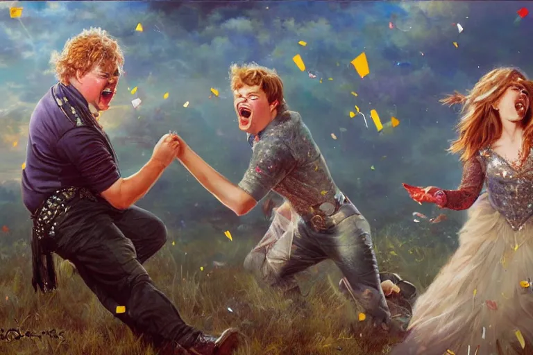 Prompt: portrait of rip taylor throwing confetti at an upset emma watson, an oil painting by ross tran and thomas kincade