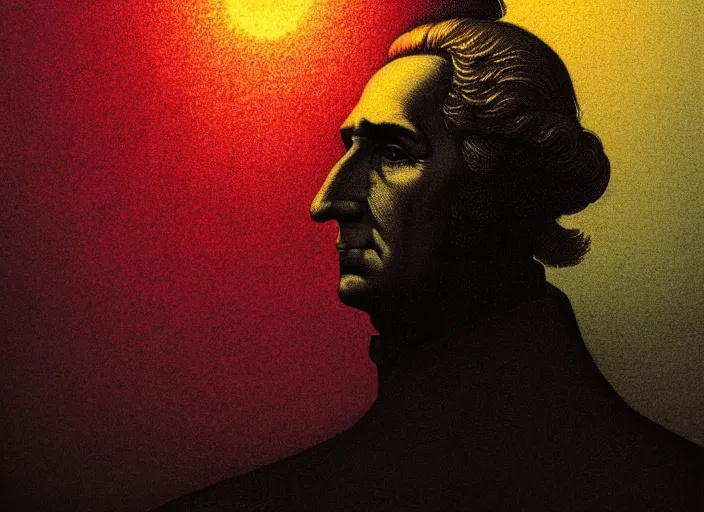 Image similar to illustrated portrait of george washington, colorful, mads berg, karolis strautniekas, christopher balaskas, stippled light, low fog, moody, fine texture, editorial illustration, dramatic lighting, dynamic composition, detailed, matte print, muted color, ( ( victo ngai ) ), wide angle