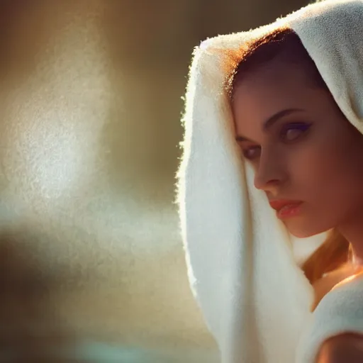 Image similar to filmstill photography of female body covered with wet white translucent blanket acrylic liquid colors, luxurious supermodel photoshooting, golden jewelry, bokeh, godrays, strong wind, wrinkles, sunrays, sunset, lens flares