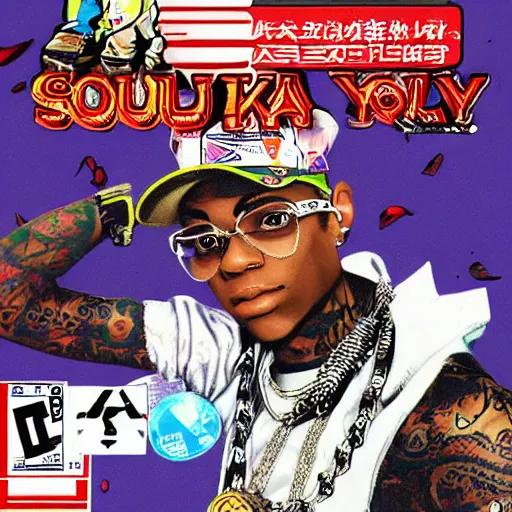 Image similar to soulja boy as a playstation one game cover in the style of yoshitaka amano