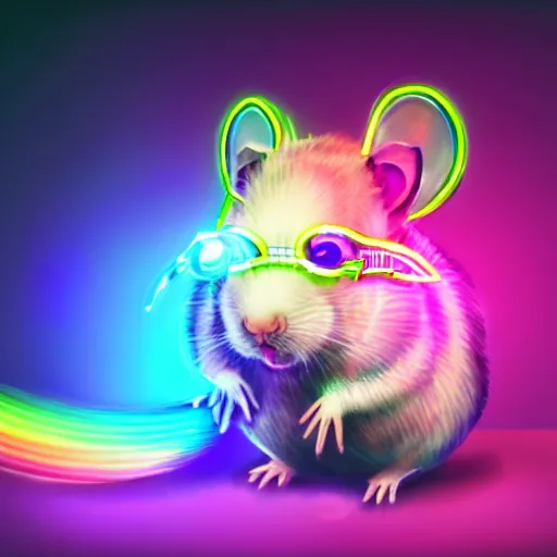 Image similar to cyberpunk hamster! holding rainbow! gem! crystal, neon lights, light reflection, 8 k, hd