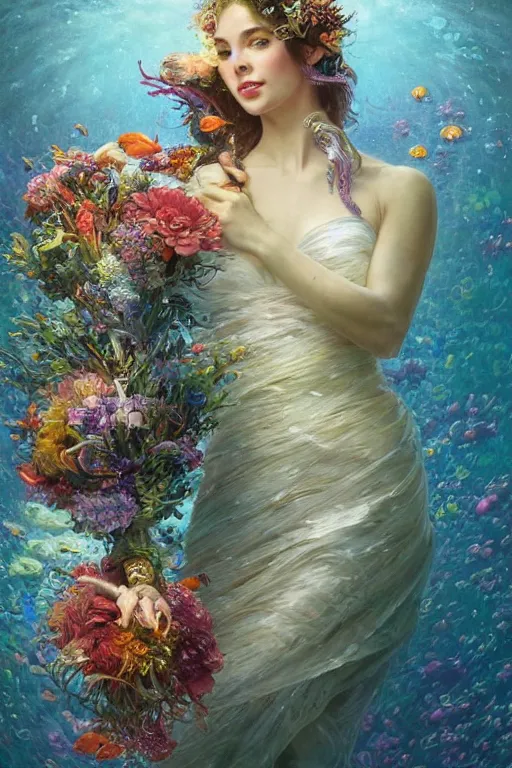 Image similar to portrait of a beautiful mysterious woman holding a bouquet of flowing flowers, small bubbles from her mouth, hands hidden under the bouquet, submerged underwater filled with colorful small fish and coral reef, fantasy, regal, intricate, by stanley artgerm lau, greg rutkowski, thomas kindkade, alphonse mucha, loish, norman rockwell