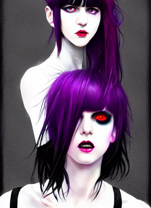 Image similar to portrait of white teenage girl, normal face, black bangs, mall goth, cyberlox, black and white hair, bangs, fluffy bangs, red contacts, purple lipstick, intricate, elegant, highly detailed, digital painting, artstation, concept art, sharp focus, smooth, illustration, art by wlop, mars ravelo and greg rutkowski