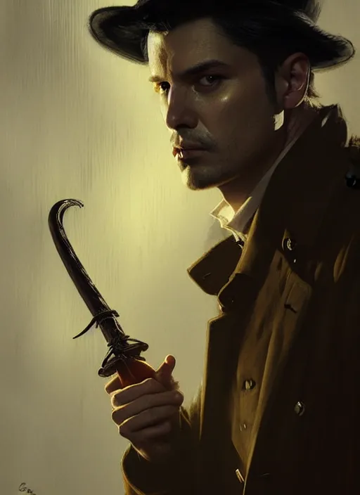 Image similar to portrait of a detective wearing trench coat and smoking puro, holding a sword, victorian, concept art, detailed face, fantasy, close up face, highly detailed, cinematic lighting, digital art painting by greg rutkowski