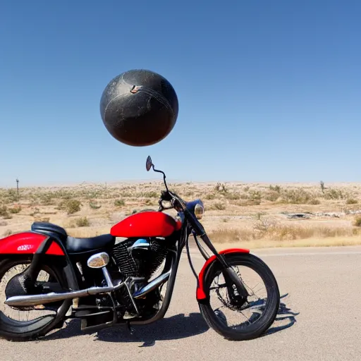 Prompt: a ball shaped motorcycle on route66 3d 8k photo