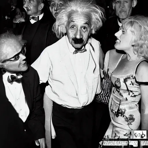 Image similar to Albert Einstein at a rave dancing with beautiful women, 35mm film