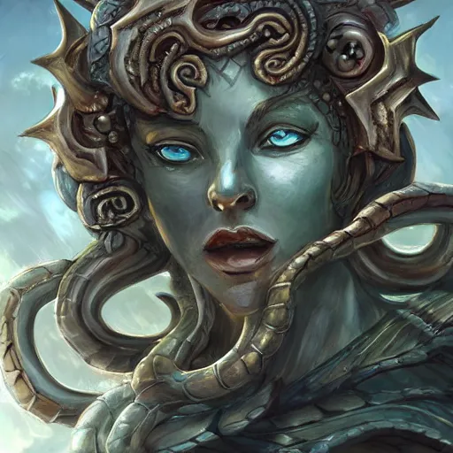 Image similar to a portrait of a torquoise fantasy armored medusa head holding a spear, medusa head, medusa head, medusa head, pillars background with ruined and statues, fantasy game art, fantasy rpg, league of legends