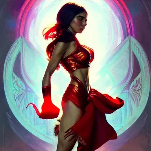 Image similar to lovi poe as darna, volumetric lights, red and cyan theme, art nouveau botanicals, intricate, highly detailed, digital painting, artstation, concept art, smooth, sharp focus, cinematic, illustration, beautiful face, art by artgerm and greg rutkowski and alphonse mucha