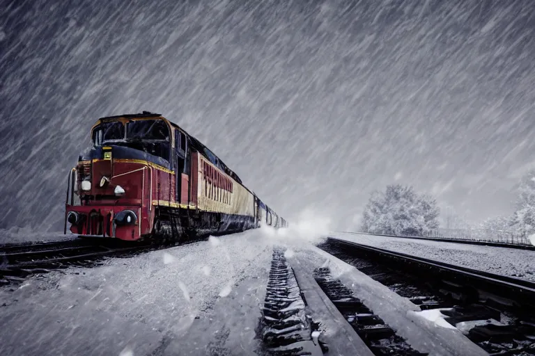 Prompt: an old locomotive rushing through snow storm in high speed, white steam on the side, dark smoke with fire from the pipes, dynamic angled shot, speed lines, fire particles and snowflakes everywhere, 8 k, hyperrealistic, ultra sharp, octane render, unreal engine, light breaks through the roofs, artstation, very detailed, 1 6 k, eerie moon eclipse cinematic scenery