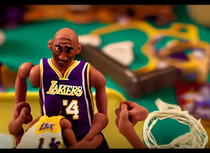 Prompt: cinematic screenshot of a stop motion claymation film about a wacky adventure starring kobe bryant, shallow depth of field, 1 8 mm, f 1. 8