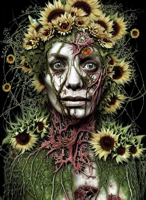 Image similar to beautiful and detailed rotten woman corpse with fractal plants and fractal sunflowers growing around, muscles, veins, arteries, intricate, organs, ornate, surreal, john constable, guy denning, dan hillier