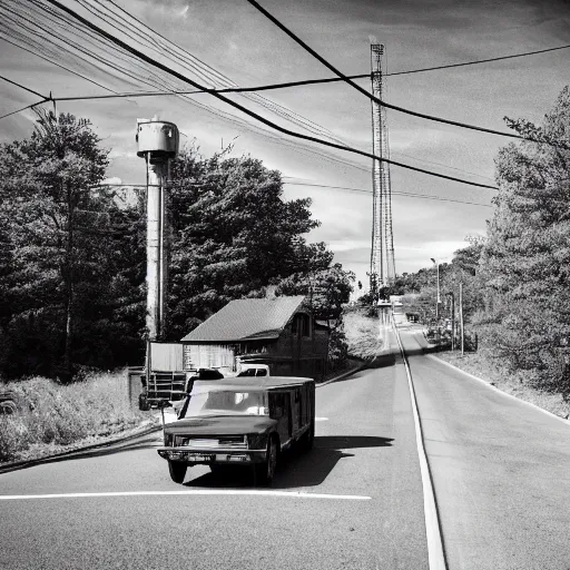 Prompt: a road next to warehouses, and a hill behind it with a radio tower on top, 9 0's camera filter, red tint
