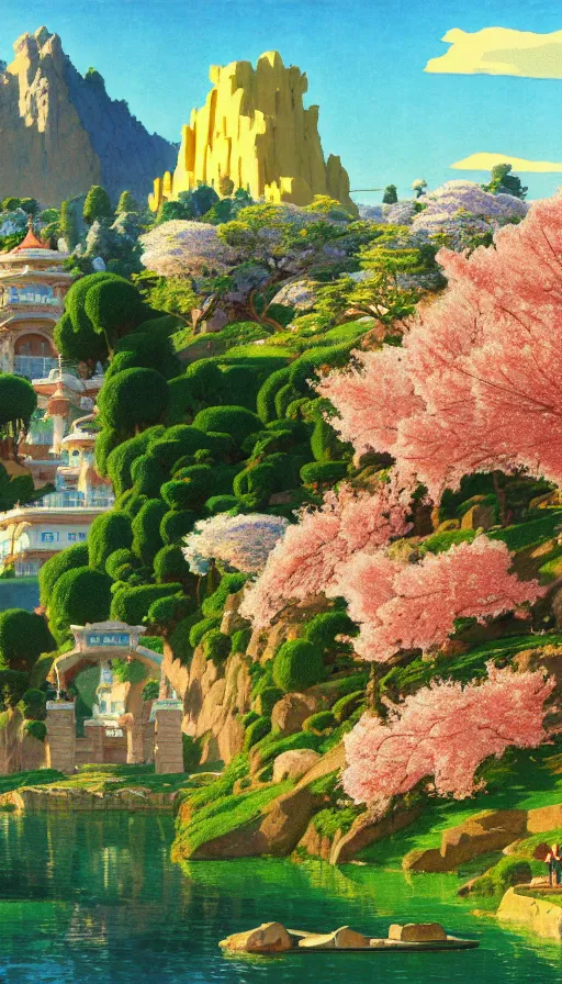 Prompt: ghibli illustrated background of strikingly beautiful west hollywood, california, with strange rock formations acastle is seen in the distance, and red water and cherry blossoms by vasily polenov, eugene von guerard, ivan shishkin, albert edelfelt, john singer sargent, albert bierstadt 4 k