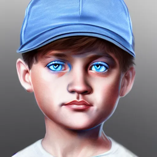 Image similar to a detailed portrait of a boy with light blue eyes wearing a black cap, realistic and detailed eyes, art illustration, incredibly highly detailed and realistic, 8 k, sharp focus