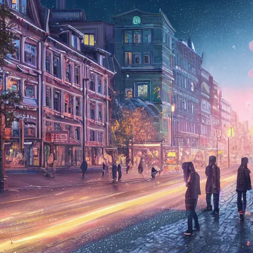 Prompt: ultra realistic illustration and highly detailed digital render of a intricate busy street inside helsinki, finland, 2 0 2 2, by greg rutkowski and makoto shinkai, nighttime, dark sky, twinkly stars, amazing sky, migrating birds in the sky, colorful street lamps along road, natural stone road, asian style vendorsf