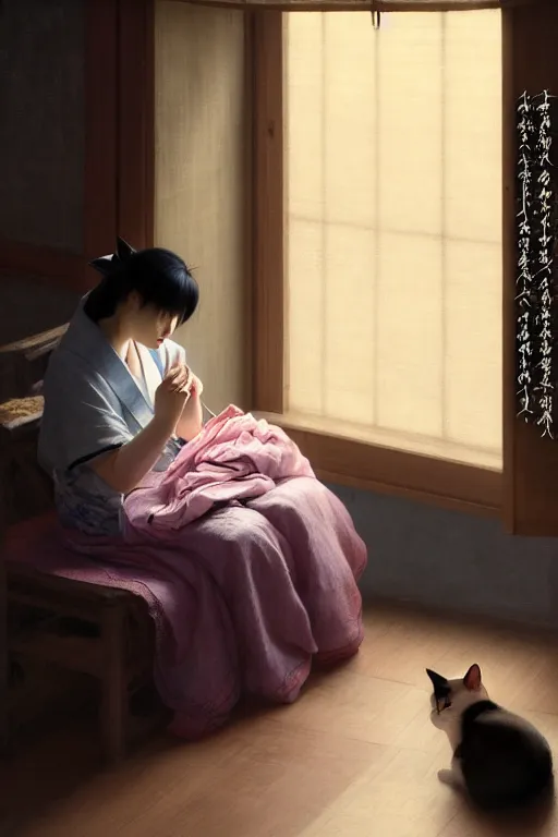 Image similar to japanese woman sewing on floor while a cat napping behind her, dim light, extremely detailed digital painting, in the style of fenghua zhong and ruan jia and jeremy lipking and peter mohrbacher, mystical colors, rim light, beautiful lighting, 8 k, stunning scene, raytracing, octane, trending on artstation