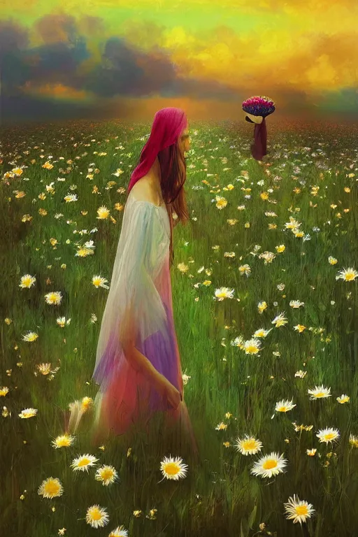 Image similar to giant daisy flower head, girl with veil walking in a flower field, surreal photography, sunrise, dramatic light, impressionist painting, colorful clouds, digital painting, artstation, simon stalenhag