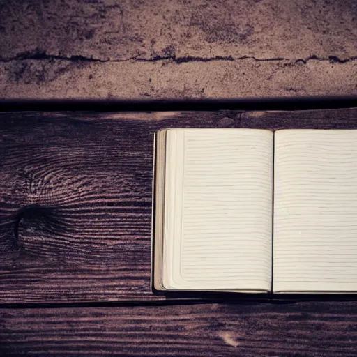 Image similar to highly detailed close up photo of an old worn notebook on wooden table, old table, feather pen, light coming out of near window, moody lighting, dust in air