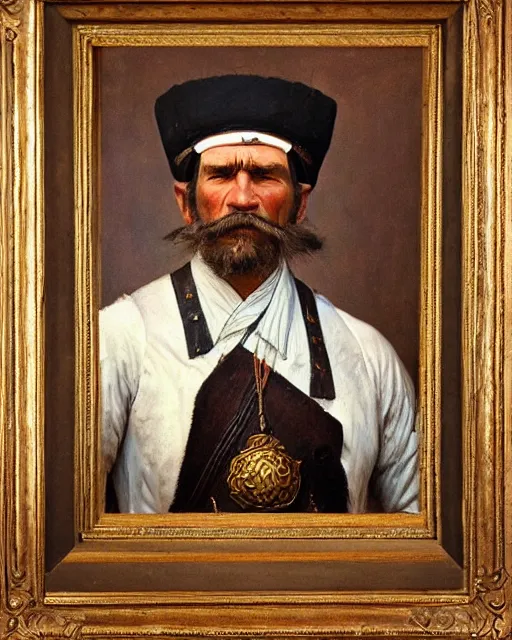 Prompt: realist portrait of a cossack by andrey shishkin, highly detailed, oil on canvas