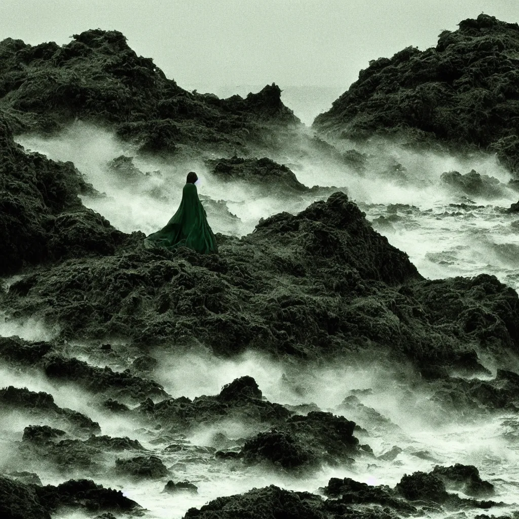 Image similar to dark and moody 1 9 7 0's artistic spaghetti western film in color, a woman in a giant billowing wide long flowing waving green dress, standing inside a green mossy irish rocky scenic landscape, crashing waves and sea foam, volumetric lighting, backlit, moody, atmospheric, fog, extremely windy, soft focus