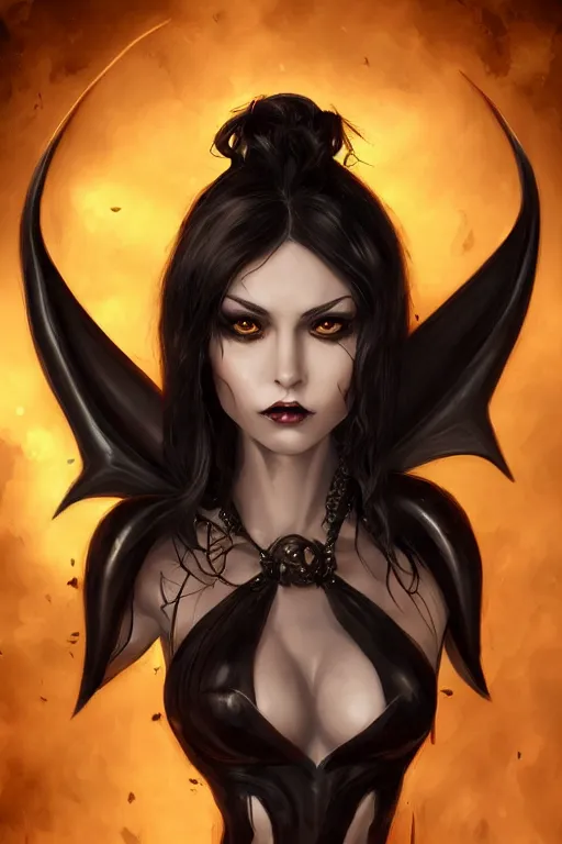 Image similar to female succubus with black hair and amber eyes bust portrait, dnd, fantasy, intricate, elegant, highly detailed, digital painting, artstation, concept art, smooth, sharp focus, illustration, art narcisse navarre