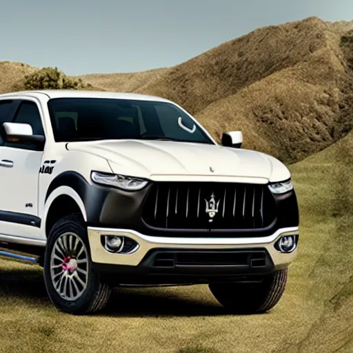 Prompt: A Pickup truck designed and produced by Maserati, promotional photo