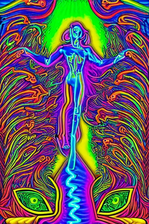 Prompt: a detailed digital neon illustration art of the burning man statue in the style of Alex Grey, lisa frank, psychedelic, fantasy, 8k, ornate, intricate, symmetry