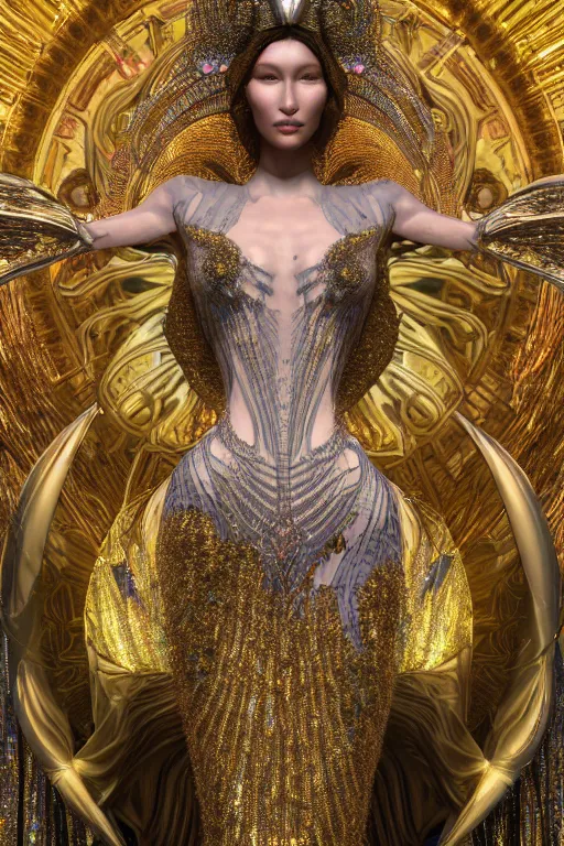 Prompt: a highly detailed metahuman 4 k close up render of an alien goddess bella hadid as deity in iris van herpen dress schiaparelli in diamonds crystals swarovski and jewelry in style of alphonse mucha gustav klimt trending on artstation made in unreal engine 4