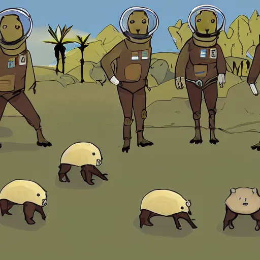 Image similar to a squad of capybara astronauts on a swamp planet