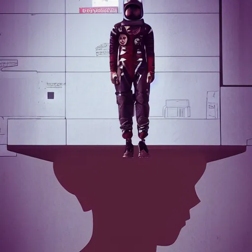 Prompt: a fashion model in astronaut helmet, creative, brown skin, digital art, photo manipulation, artstation, standing, cyberpunk, giant, street, duck shoes, up there, photoshop, people