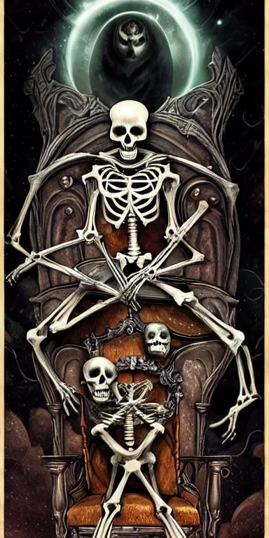 Image similar to tarot card render of a skeleton sitting on a throne, poster art by James Jean, Joe Fenton, Lise Deharme, Anne Stokes, Brian Despain, Petros Afshar behance contest winner, gothic art, , apocalypse art, behance hd, macabre poster art,