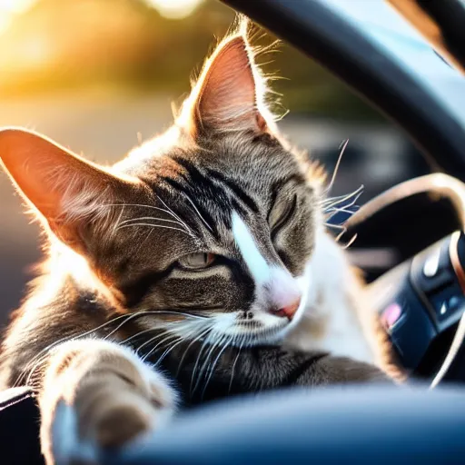 Image similar to cat sitting in driver seat of a cabriolet, paws touching steering wheel, golden hour, top view