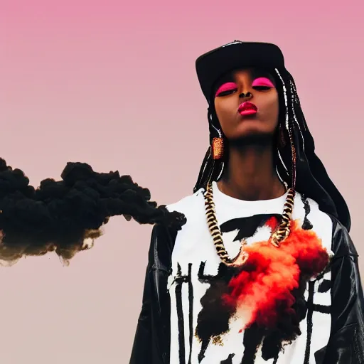 Image similar to black marble statue of a beautiful woman in the style of virgil abloh with in the background colorful motocross logos and traffic signs, colored smoke clouds, very very beautiful, detailed, off white, heron preston, 8 k, 4 k, detailed, beautiful, symmetrical, vogue, editorial, fashion, magazine, soft lighting