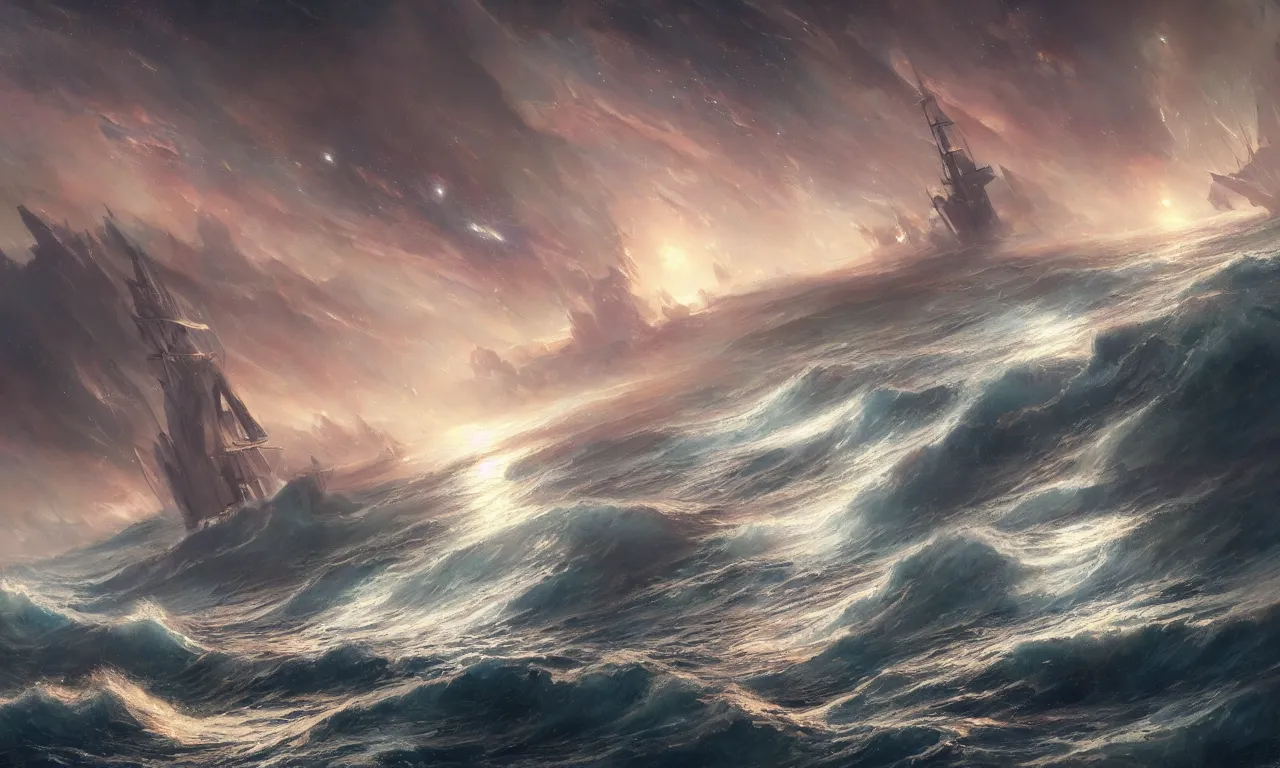 Image similar to a beautiful painting of a ship sailing across a violent tumultuous ocean made up of a galaxies and stars in the space by John Blanche and Greg Rutkowski, trending on Artstation, midjourney