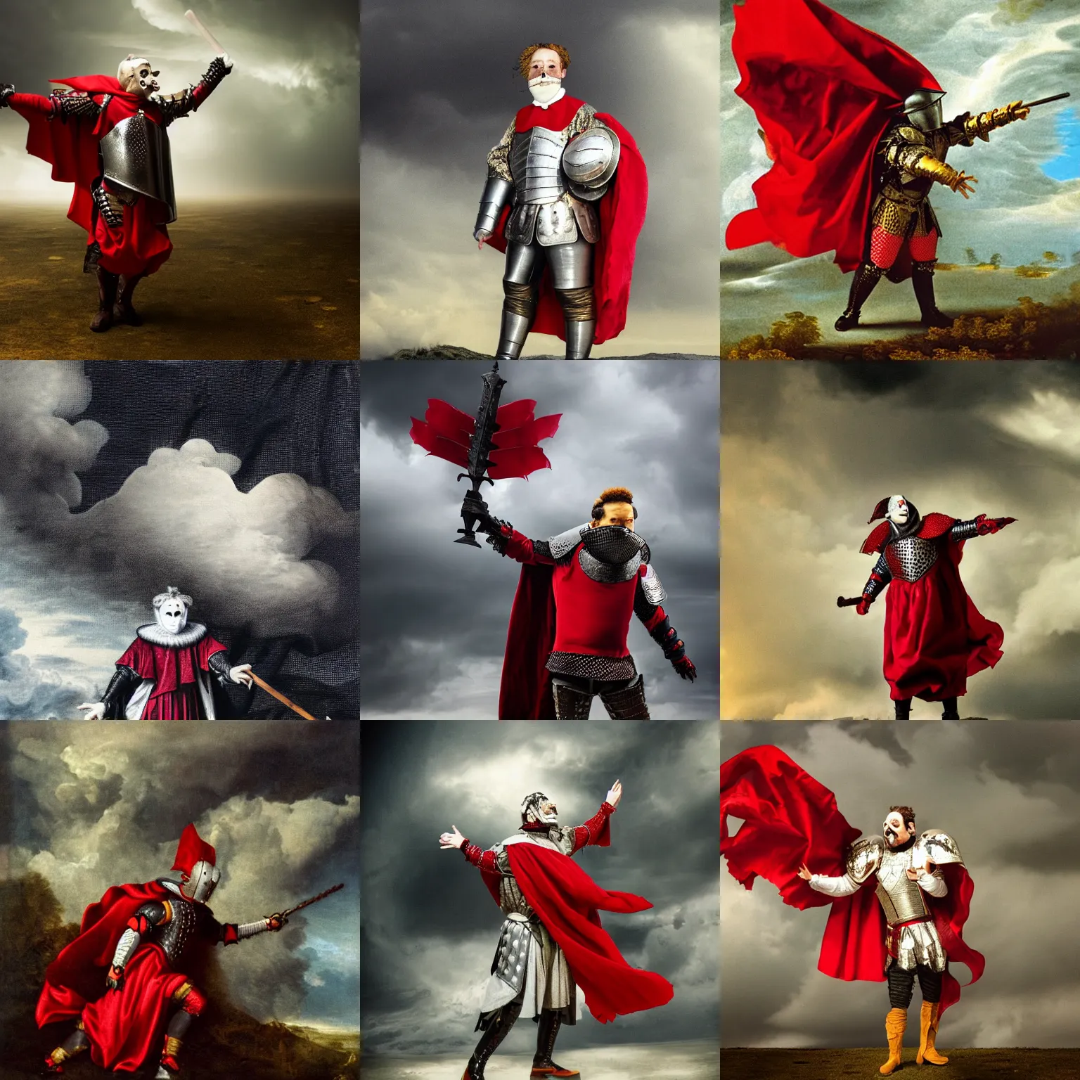 Prompt: man wearing theater comedy mask flies through stormy clouds , he is wearing plate armor and elizabethan boots and ruff, he is wearing a red billowing capelet draped over his shoulder, he has armored gloves and armored boots, he carries a shortsword in his left hand, dramatic theater lighting