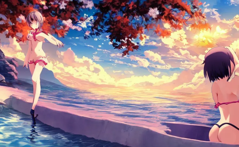 Image similar to an anime girl bathing in the bond, anime scenery