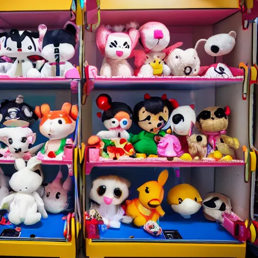 Prompt: stuffed animals inside of a crane game in japan anime style